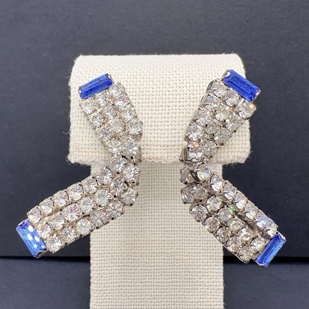 Vintage Blue & Clear Curved Rhinestone Earrings Pierced Silver Tone Statement